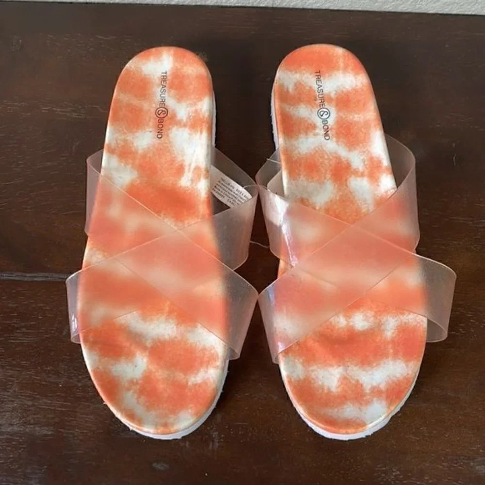 New Treasure & Bond Girls Ellie Clear Cross Toe Tie Dye Orange Slide Sandals 5